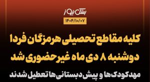 کلیه مقاطع تحصیلی هرمزگان فردا دوشنبه ۸ دی غیرحضوری شد / مهدکودک‌ها و پیش‌دبستانی‌ها تعطیل شدند