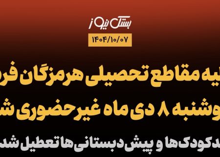 کلیه مقاطع تحصیلی هرمزگان فردا دوشنبه ۸ دی غیرحضوری شد / مهدکودک‌ها و پیش‌دبستانی‌ها تعطیل شدند